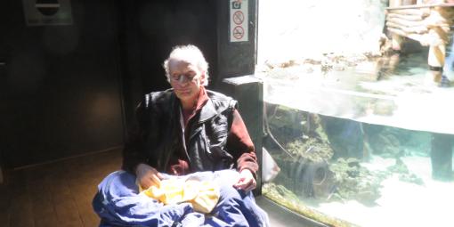Herr H. im Rollstuhl vor einem Aquarium